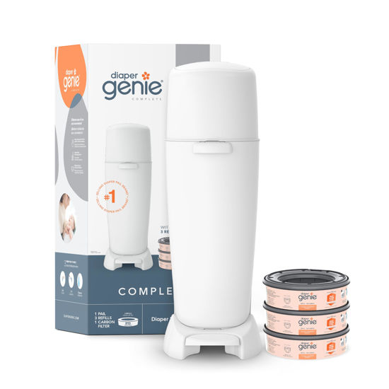 Picture of Diaper Genie Complete Pail (White) | Includes 3 Refills that hold up to 810 newborn-size diapers | Includes 1 Carbon Filter