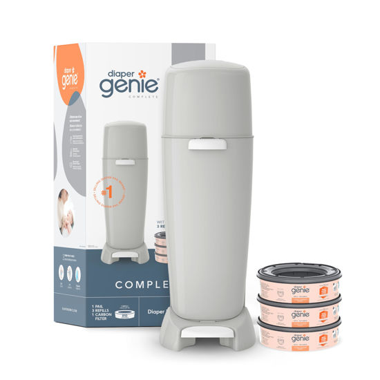 Picture of Diaper Genie Complete Diaper Pail (Grey) with Odor Control | Includes 1 Diaper Trash Can, 3 Refill Bags, 1 Carbon Filter, 4 Piece Set