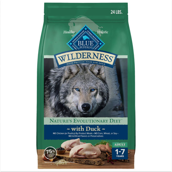 Picture of Blue Buffalo Wilderness Natural High-Protein Dry Food for Adult Dogs, with Wholesome Grains, Duck, 24-lb bag.