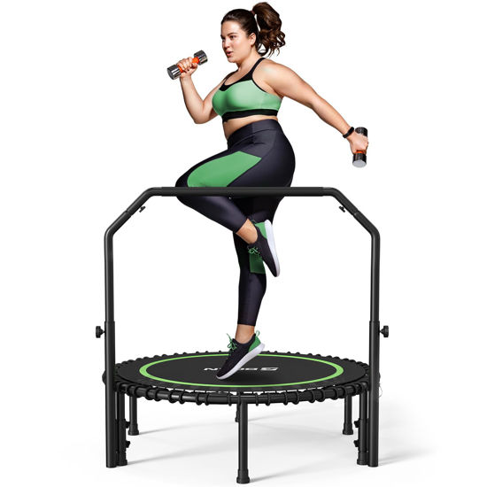 Picture of BCAN 450 LBS Foldable Mini Trampoline, 40" Fitness Trampoline with Adjustable Handle Bar, Bungees, Stable & Quiet Exercise Rebounder for Adults Indoor/Garden Workout-Green