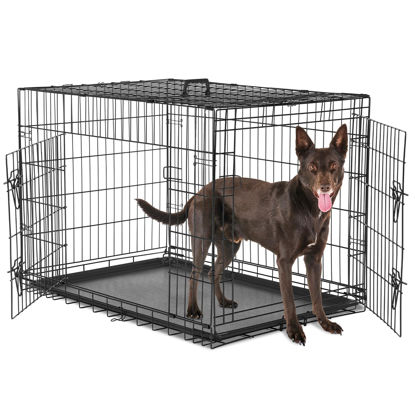 Picture of Sweetcrispy Large Dog Crate with Divider Panel, 36 Inch Double Door Folding Metal Wire Dog Cage with Plastic Leak-Proof Pan Tray, Pet Kennel for Indoor, Outdoor, Travel