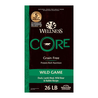 Picture of Wellness CORE Grain-Free High-Protein Dry Dog Food, Natural Ingredients, Made in USA with Real Meat, All Breeds, For Adult Dogs (Wild Game Duck, Lamb Meal, Boar & Rabbit, 26-Pound Bag)