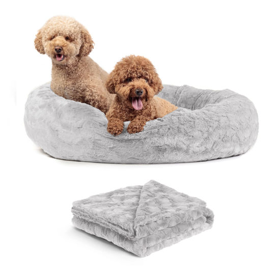 Picture of Best Friends by Sheri Bundle Set The Original Calming Lux Donut Cuddler Cat and Dog Bed + Pet Throw Blanket Gray Large 36"