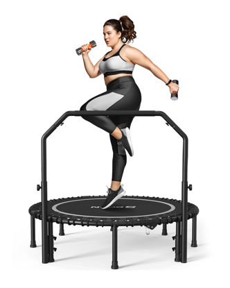 Picture of BCAN 550 LBS Foldable Mini Trampoline, 48" Fitness Trampoline with Adjustable Handle Bar, Bungees, Stable & Quiet Exercise Rebounder for Adults Indoor/Garden Workout-Silver