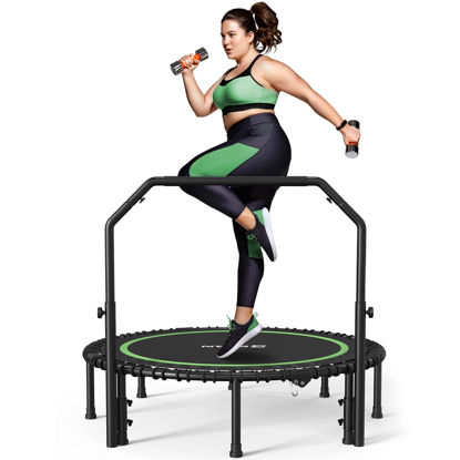 Picture of BCAN 550 LBS Foldable Mini Trampoline, 48" Fitness Trampoline with Adjustable Handle Bar, Bungees, Stable & Quiet Exercise Rebounder for Adults Indoor/Garden Workout-Green