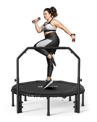 Picture of BCAN 550 LBS Foldable Mini Trampoline, 48" Fitness Trampoline with Adjustable Handle Bar, Bungees, Stable & Quiet Exercise Rebounder for Adults Indoor/Garden Workout - Black