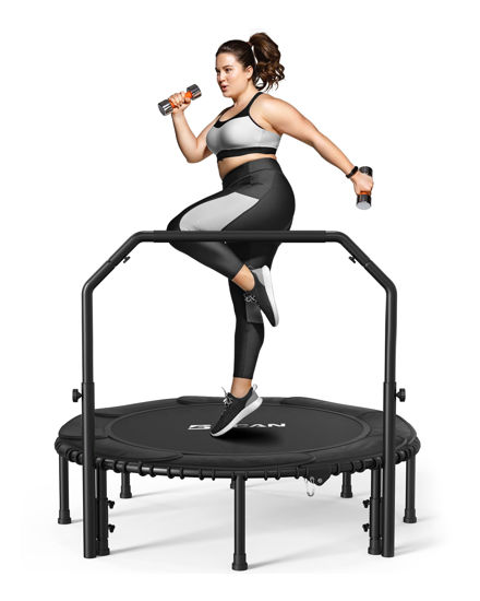 Picture of BCAN 550 LBS Foldable Mini Trampoline, 48" Fitness Trampoline with Adjustable Handle Bar, Bungees, Stable & Quiet Exercise Rebounder for Adults Indoor/Garden Workout - Black