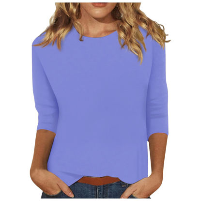 Picture of Women's 3/4 Sleeve Tops Dressy Casual Loose Fit Crewneck T Shirts Trendy Three Quarter Length Shirts Ethnic Solid Tunic Tops 3/4 Sleeve Tunic Tops for Women Spring Shirts for Women 2024 Purple