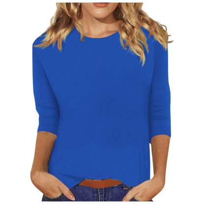 Picture of 3/4 Sleeve Tops for Women Dressy Casual Loose Fit Crewneck T Shirts Three Quarter Length Shirts Lightweight Solid Tunic Tops 3/4 Sleeve Shirts for Women Summer Tops for Women 2024 Blue