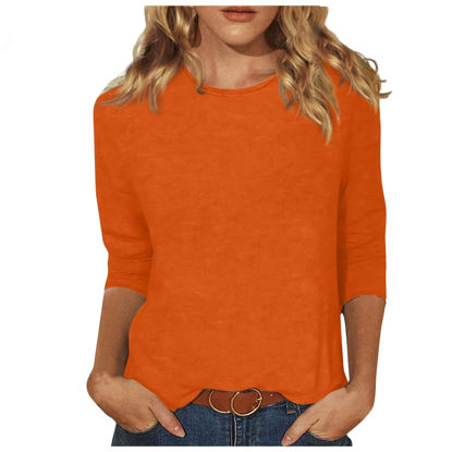 Picture of Womens Tops 3/4 Length Sleeves Loose Fit Casual Crewneck T Shirts Three Quarter Length Shirts Cotton Blouses Solid Tunic Tops 3/4 Sleeve T Shirts for Women Spring Shirts for Women 2024 Orange