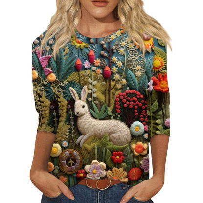 Picture of Womens 3/4 Sleeve Tops Casual Loose Fit Bunny Easter Shirts Crewneck 3D Graphic T Shirts Funny Happy Three Quarter Summer Tunic Tops Cute Trendy Blouses 2024 3/4 Sleeve T Shirts for Women