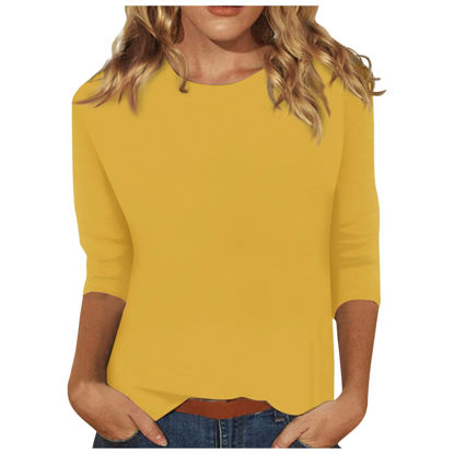 Picture of Womens 3/4 Sleeve Tops Dressy Casual Loose Fit Crewneck T Shirts Trendy Three Quarter Length Shirts Ethnic Solid Tunic Tops 3/4 Sleeve Blouses for Women Shirts for Women Trendy Spring Yellow