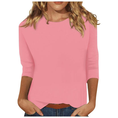 Picture of 3/4 Length Sleeve Womens Tops Casual Solid Color Loose Fit Crewneck Shirts Trendy Ethnic Three Quarter Tunic Tops Vintage Elegant Spring Blouses Womens 3/4 Sleeve T Shirts 2024 Pink