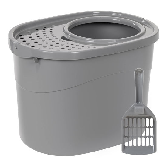 Picture of Amazon Basics Top Entry Cat Litter Box and Black Scoop, Oval, Grey, 20.5 x 14.75 x 14.38 inches