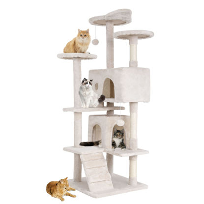 Picture of BestPet 54in Multi-Level Cat Tree Tower Furniture Activity Center with Scratching Posts, Toys and Condo for Indoor Kittens, Beige