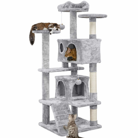 Picture of Yaheetech 54in Cat Tree Cat Tower w/Scratching Posts, Double Condos and Dangling Balls Kittens Pet House Play, Light Gray