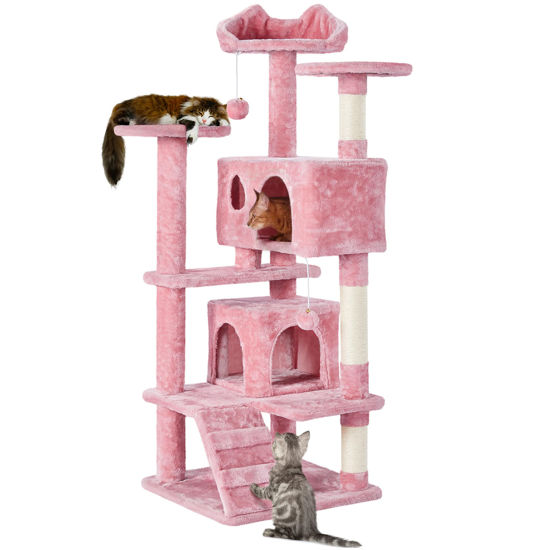 Picture of Yaheetech 54in Cat Tree Tower, Multi-Level Cat Tree for Indoor Cats with Scratching Posts, Dangling Balls Cat Play House, Pink