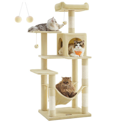 Picture of Feandrea Cat Tree, 56.3-Inch Cat Tower for Indoor Cats, Multi-Level Cat Condo with 4 Scratching Posts, 2 Perches, Hammock, Cave, Beige UPCT161M01