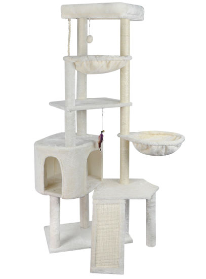 Picture of WANG XIN Four Layer Big Cat Tree with Huge Cat Condo and Two Hammocks Scratch Pad,Beige