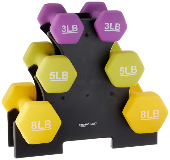 Picture of Amazon Basics Neoprene Dumbbell Hand Weights, Rack with 3 Pairs (3, 5, and 8 Pounds), Purple/Green/Yellow