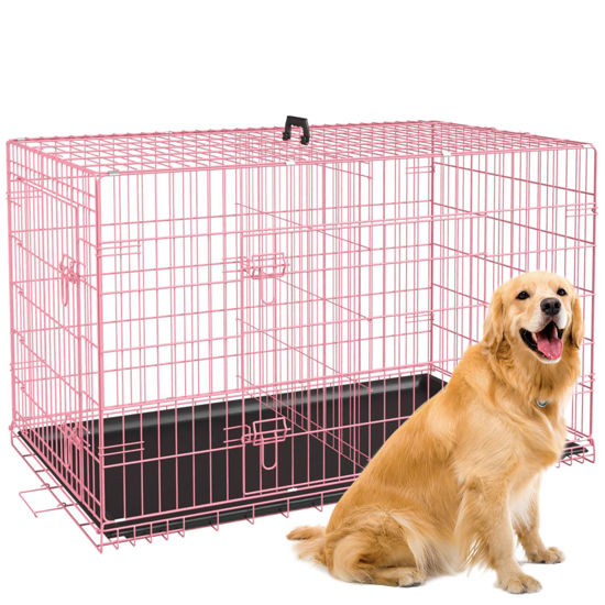 Picture of BestPet 24,30,36,42,48 Inch Dog Crates for Large Dogs Folding Mental Wire Crates Dog Kennels Outdoor and Indoor Pet Dog Cage Crate with Double-Door,Divider Panel, Removable Tray (Pink, 42")