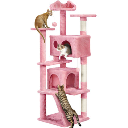 Picture of Yaheetech 62in Cat Tree Cat Tower for Indoor Cats, Cat Furniture w/Double Cat Condo, Scratching Posts, Multiple Platforms and Balls for Kittens & Cats, Pink