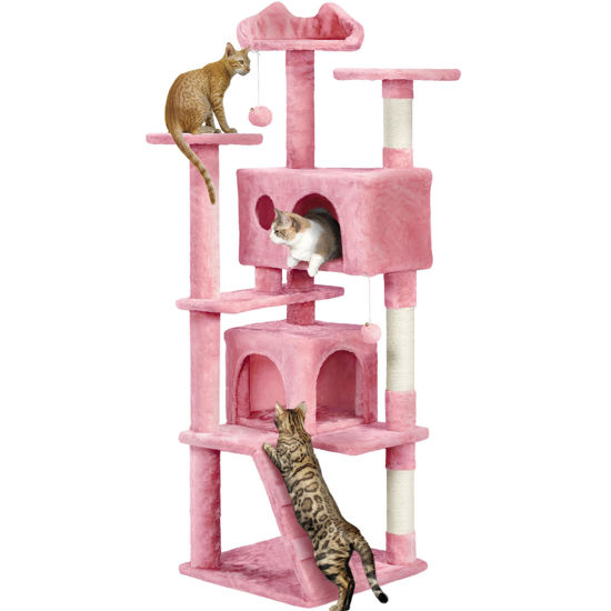 Picture of Yaheetech 62in Cat Tree Cat Tower for Indoor Cats, Cat Furniture w/Double Cat Condo, Scratching Posts, Multiple Platforms and Balls for Kittens & Cats, Pink