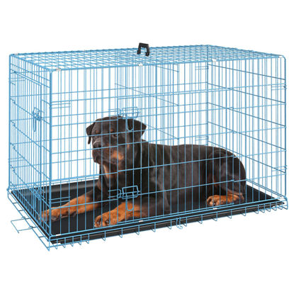 Picture of FDW Dog Crate Dog Cage Pet Crate for Large Dogs Folding Metal Pet Cage Double Door W/Divider Panel Indoor Outdoor Dog Kennel Leak-Proof Plastic Tray Wire Animal Cage (Blue, 42 Inch)