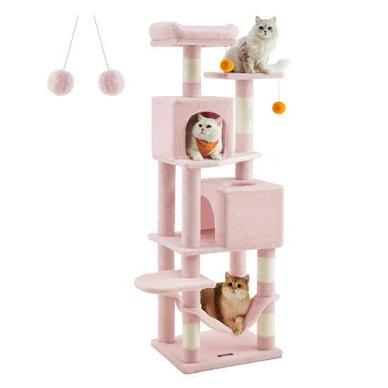 Picture of Feandrea Cat Tree, 61-Inch Cat Tower for Indoor Cats, Plush Multi-Level Cat Condo with 5 Scratching Posts, 2 Perches, 2 Caves, Hammock, 2 Pompoms, Jelly Pink UPCT192P01