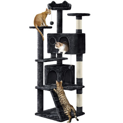 Picture of Yaheetech 62in Cat Tree Cat Tower for Indoor Cats, Cat Furniture w/Double Cat Condo, Scratching Posts, Multiple Platforms and Balls for Kittens & Cats, Black