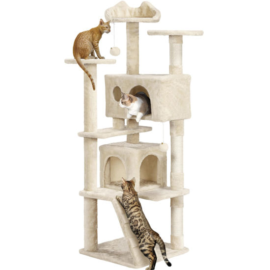 Picture of Yaheetech 62in Cat Tree Cat Tower for Indoor Cats, Cat Furniture w/Double Cat Condo, Scratching Posts, Multiple Platforms and Balls for Kittens & Cats, Beige