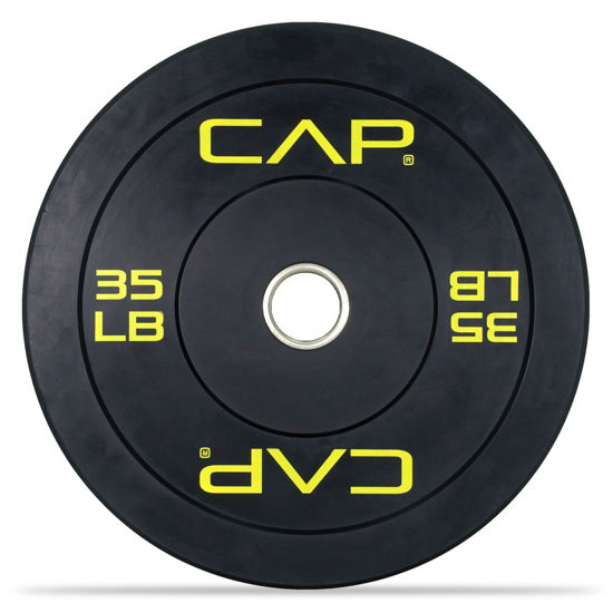 Picture of CAP Barbell Budget Olympic Bumper Plate with Yellow Logo, Black, 35 lb Single