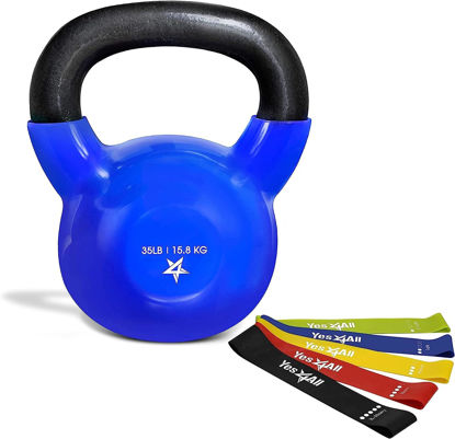 Picture of Yes4All 35 lb Kettlebell and Resistance Loop Bands Vinyl Coated Cast Iron - Great for Dumbbell Weights Exercises, Hand and Heavy Weights for Gym, Fitness, Full Body Workout Equipment Push up, Grip Strength and Strength Training, PVC Blue