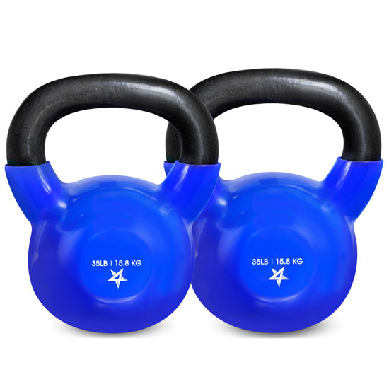 Picture of Yes4All 35 lb - Pair Kettlebell Vinyl Coated Cast Iron - Great for Dumbbell Weights Exercises, Hand and Heavy Weights for Full Body Workout Equipment Push up, Grip Strength Training, Blue