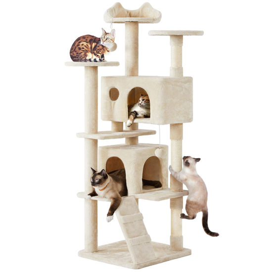 Picture of Yaheetech 70in Multi-Level Cat Tree Tall Cat Tower Cat Furniture with Condo, Scratching Posts & Dangling Ball for Indoor Cats Activity Center, Beige