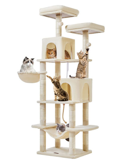 Picture of Taoqimiao Cat Tree, 71.7-Inch Cat Tower for Indoor Cats, Plush Multi-Level Cat Condo with 13 Scratching Posts, 2 Perches, 2 Caves, Hammock, 2 Pompoms,Beige MS013LM