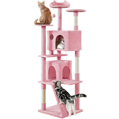 Picture of Yaheetech XL Cat Tree, 80in Multi-Level Cat Tower w/Cat Scratching Posts, Double Cat Condo, Perched Platforms and Dangling Balls, Cat Activity Center for Kittens Pets, Pink