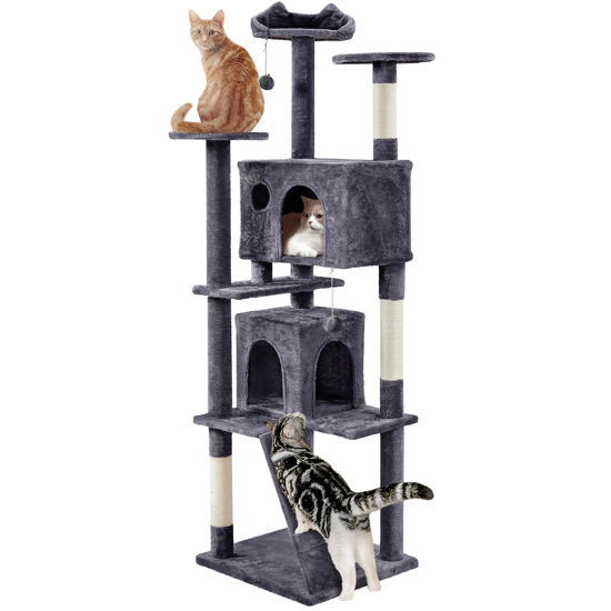 Picture of Yaheetech XL Cat Tree, 80in Multi-Level Cat Tower with Cat Scratching Posts, Double Cat Caves, Perched Platforms and Dangling Balls, Cat Stand House for Kittens Pet, Dark Gray