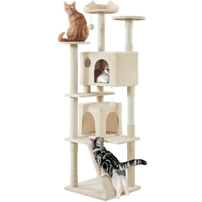 Picture of Yaheetech XL Cat Tree, 80in Multi-Level Cat Tower w/Cat Scratching Posts, Double Cat Condo, Perched Platforms and Dangling Balls, Cat Stand House for Kittens Pet, Beige