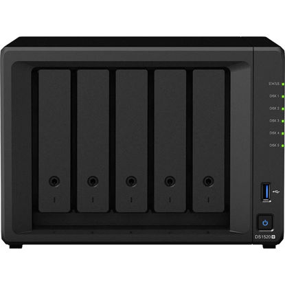 Picture of Synology DiskStation DS1520+ NAS Server with Celeron 2.0GHz CPU, 8GB Memory, 60TB HDD Storage, 1TB M.2 NVMe SSD, 4 x 1GbE LAN Ports, DSM Operating System