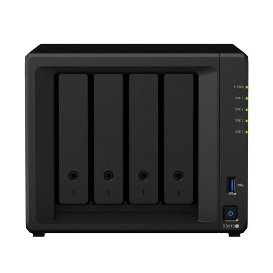 Picture of Synology DiskStation DS918+ NAS Server for Business with Intel Celeron CPU, 8GB Memory, 256GB SSD, 8TB HDD, Synology DSM Operating System