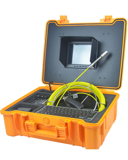 Picture of Video Pipe Inspection Camera Plumbing Drain Snake Camera Sewer Camera with 130 ft Cable, 8 inch Screen, DVR Record, Photograph, Keyboard, Distance Counter, 512Hz Sonde, LED Adjust