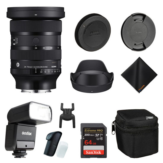 Picture of Sigma 24-70mm f2.8 DG DN II Art Lens Sony E| Full Frame Format, Six SLD Elements, Rounded 11-Blade with Godox Flash TT350S Mini, 64GB Extreme PRO Memory Card and Waith Cleaning Cloth (Bundle Set)