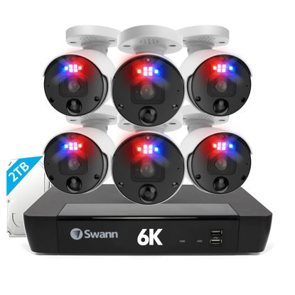 Picture of Swann 12MP Security Camera System, 8CH NVR with 2TB, 6 Indoor Outdoor Bullet IP Cameras, 6K PoE Cat5e Wired, Video Analytics, 2-Way Audio, Sirens, Color Night Vision, True Detect, Flashing LEDs