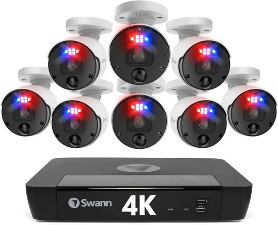 Picture of Swann 4K UHD Home Security Camera System, 8 Channel NVR with 2TB,8 Indoor Outdoor Bullet IP Cameras, PoE Cat5e Wired, Video Analytics, 2-Way Audio, Sirens, Color Night Vision, True Detect, 889808