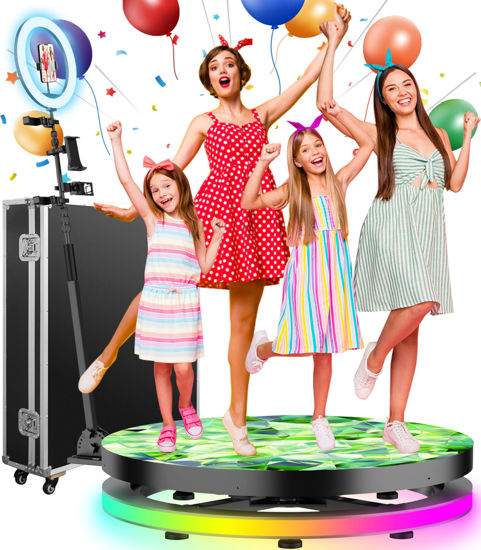 Picture of 360 Photo Booth Machine for Parties with Ring Light Free Custom Logo 5 People Stand on Remote Control Automatic Slow Motion 360 Spin Photo Camera Booth 100cm 39.4 inch with Flight Case