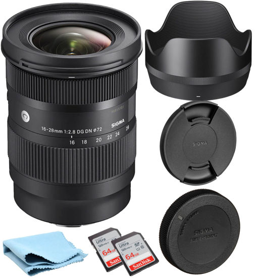 Picture of SIGMA 16-28mm 2.8 DG DN Sony Sigma E Mount Lens Professional Bundle with 2X 64 GB SD Card Memory Cards, Front Lens Cap, Rear Lens Cap, Lens Hood and Lens Cloth - Wide-Angle Zoom for Expansive Scenes