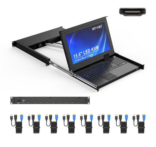 Picture of MT-VIKI 8 Port KVM Console HDMI, 1U Rack Mount KVM Console w/15.6'' LCD Monitor, 1080P Short Depth Rack KVM Integrated Touchpad+Keyboard+Drawer+8 KVM Cables, Support OSD/Hotkey