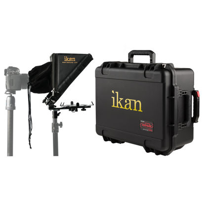 Picture of Ikan Elite Tablet Teleprompter for Light Stands w/Rolling Case, Supports Ipad, Android, and Windows Tablets, Foldable Glass Frame (PT-Elite-LS-TK) - Black