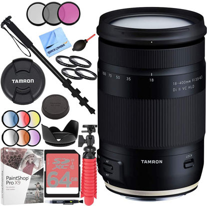 Picture of Tamron 18-400mm f/3.5-6.3 Di II VC HLD All-in-One Lens for Canon Mount Bundle with 64GB Memory Card, 72mm Filter Sets, 72mm Filter Kit, Paintshop Pro, Tripod, and Accessories (5 Items) AFB028C-700